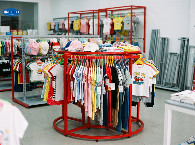 Quy trình đặt mua và lắp đặt kệ trưng bày quần áo trẻ em cho cửa hàng tại Huế